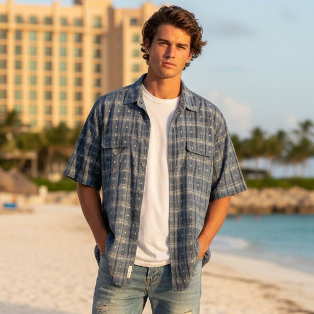 Tommy Bahama Green Plaid Silk Blend Short Sleeve Shirt XL 2-Pocket